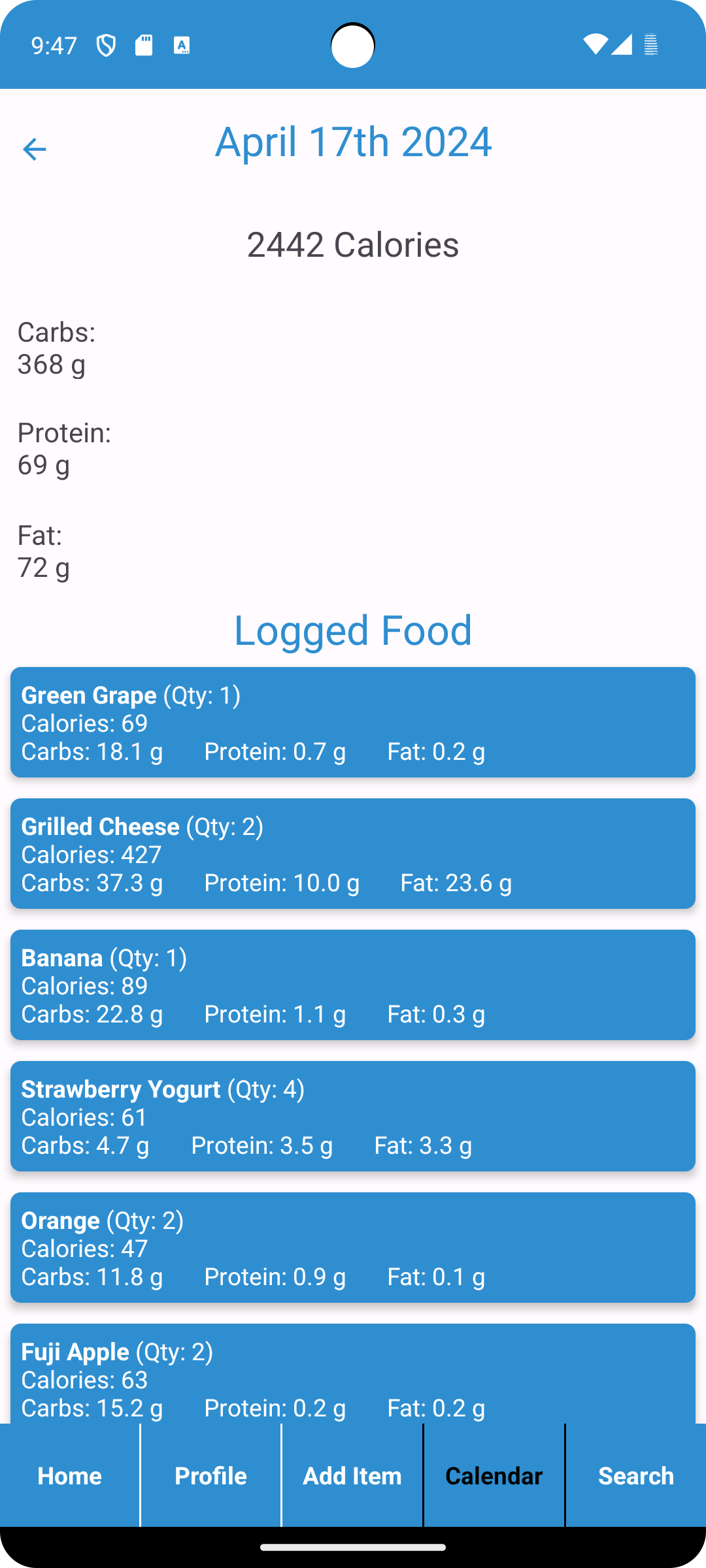 Food log screen