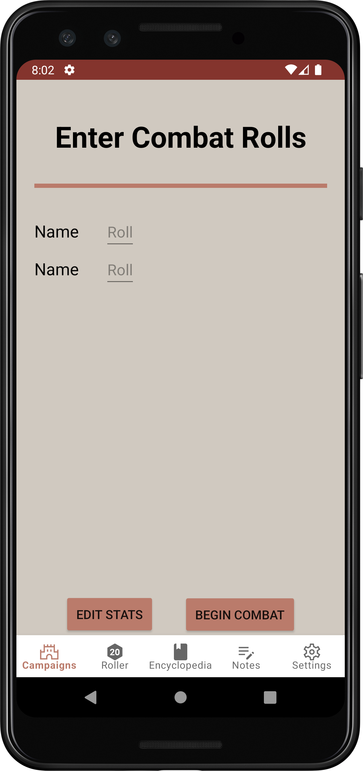 The combat screen for a campaign. This lists allows the user to add initiative rolls for each character, player and/or enemy in the campaign.