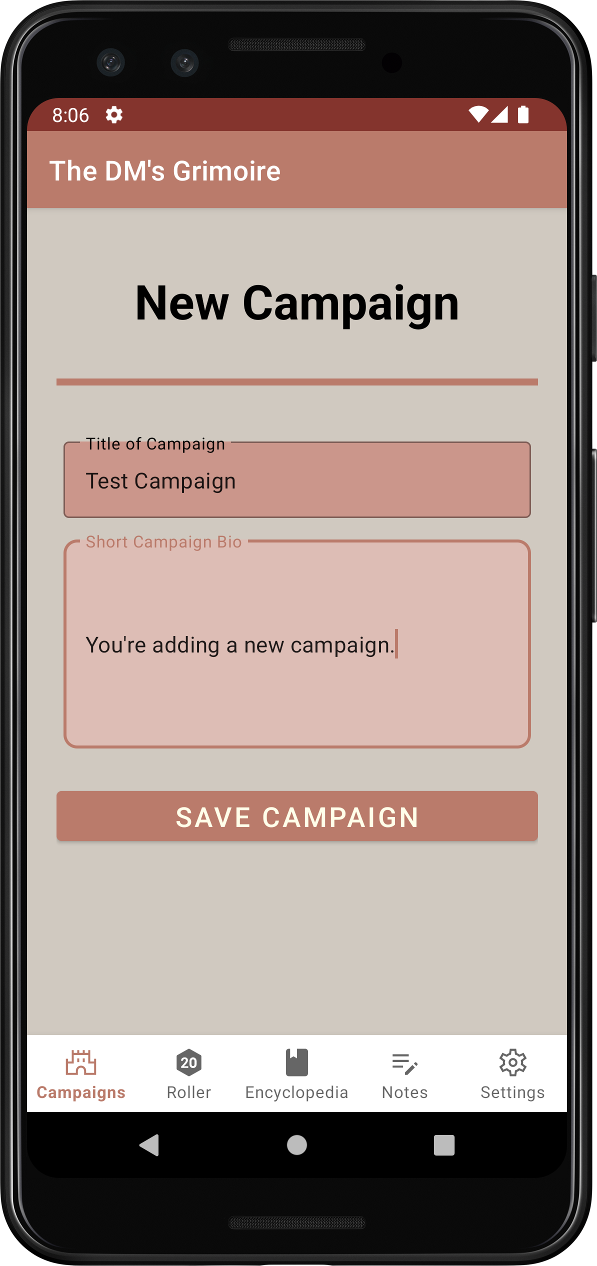 The campaign creation screen. Here, the user enters a title and description for their new campaign.