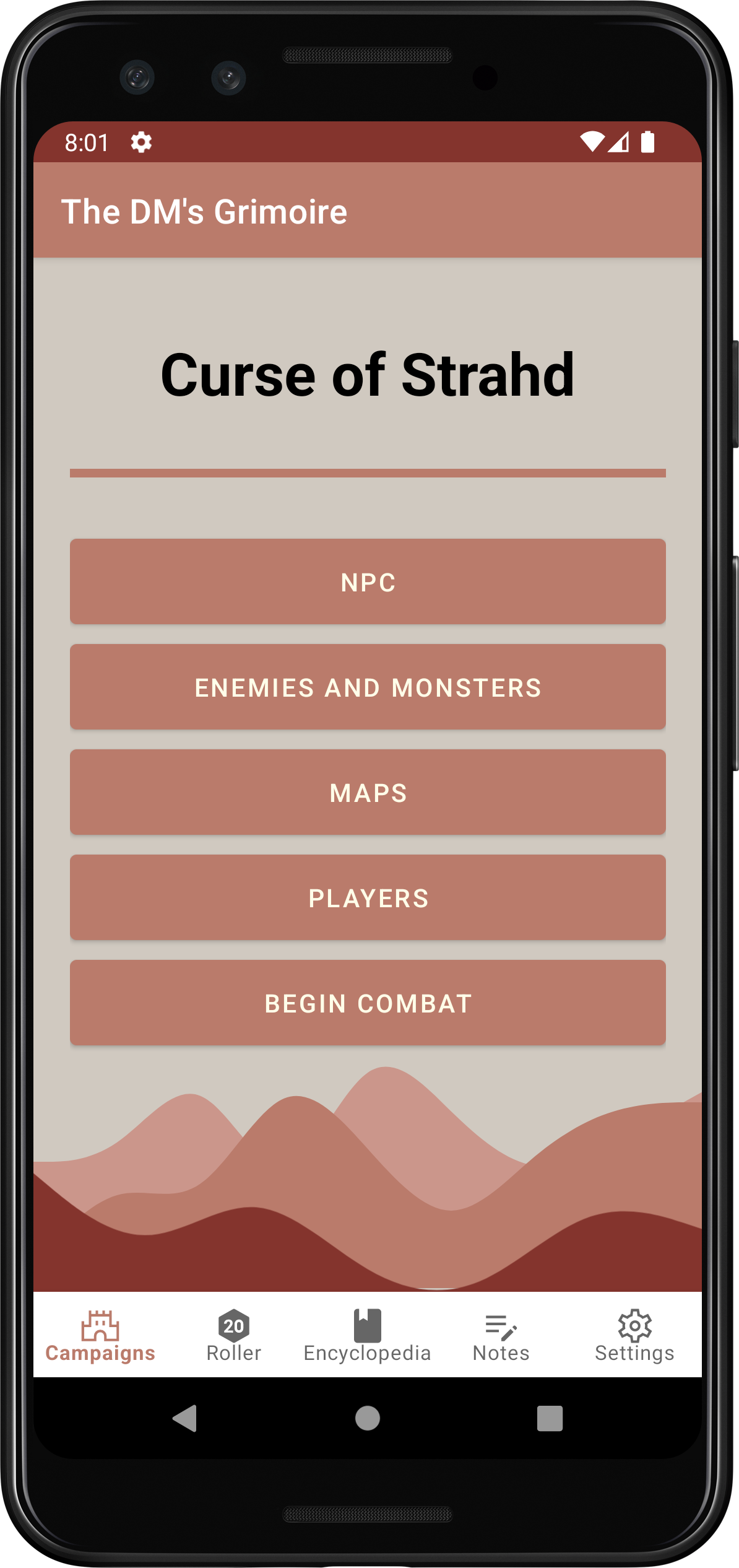 The campaings detail page. This page allows access to the campaign's specific attributes, like the players, NPCs, enemies, etc..