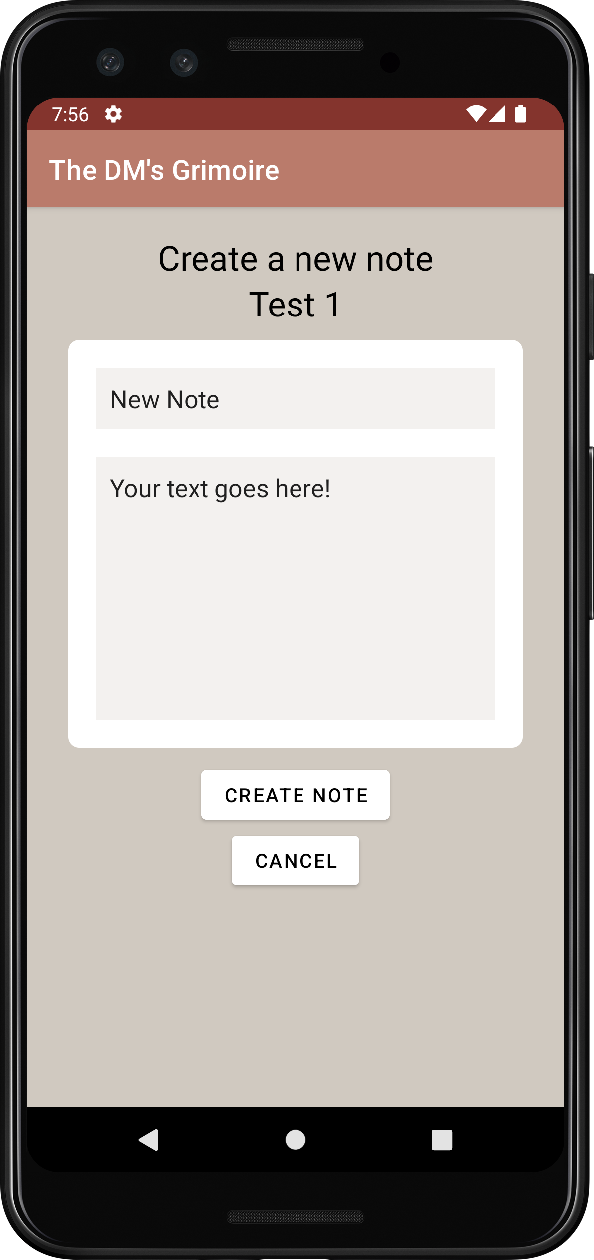 The note creation page. Here, a user enters the note's title and contents.