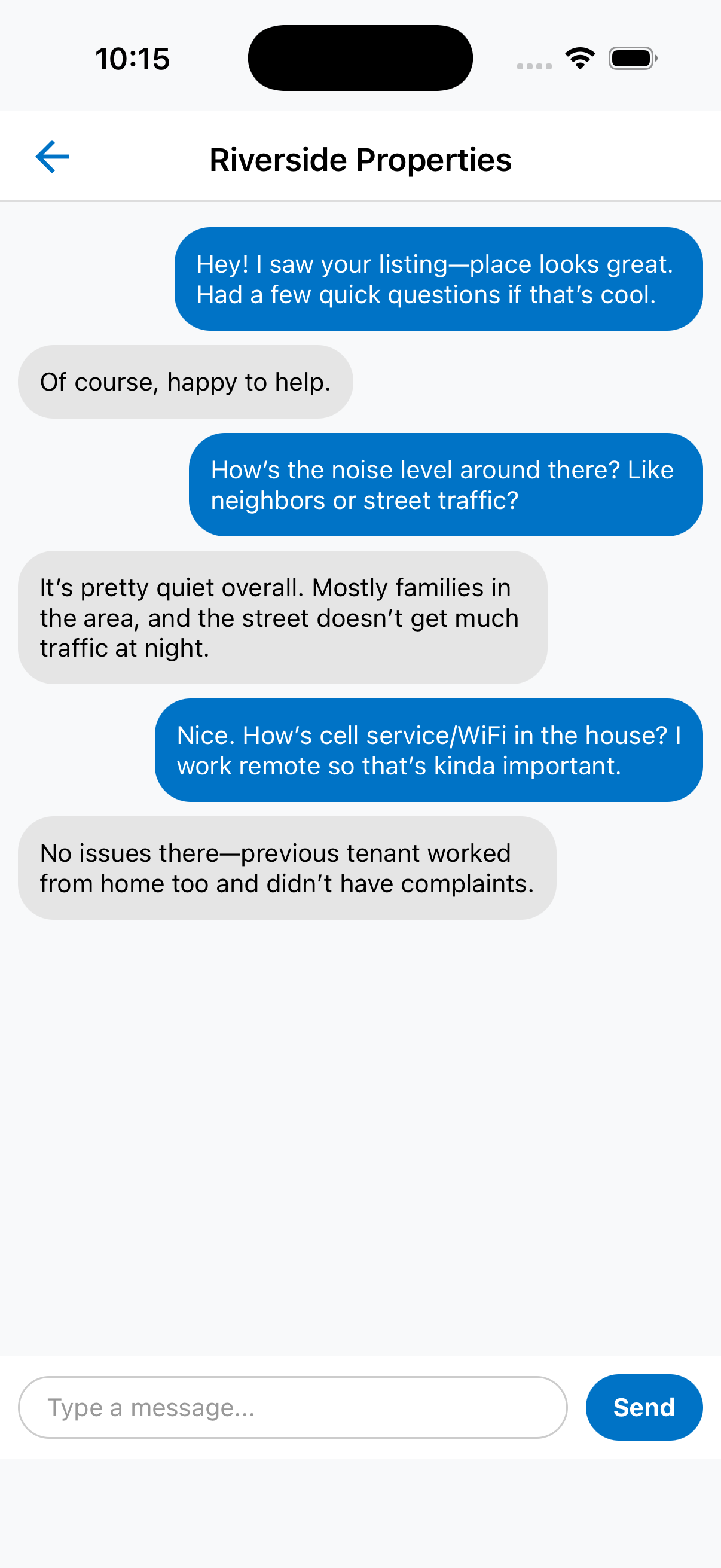 Rent Connect real-time chat — messaging between student and Riverside Properties landlord