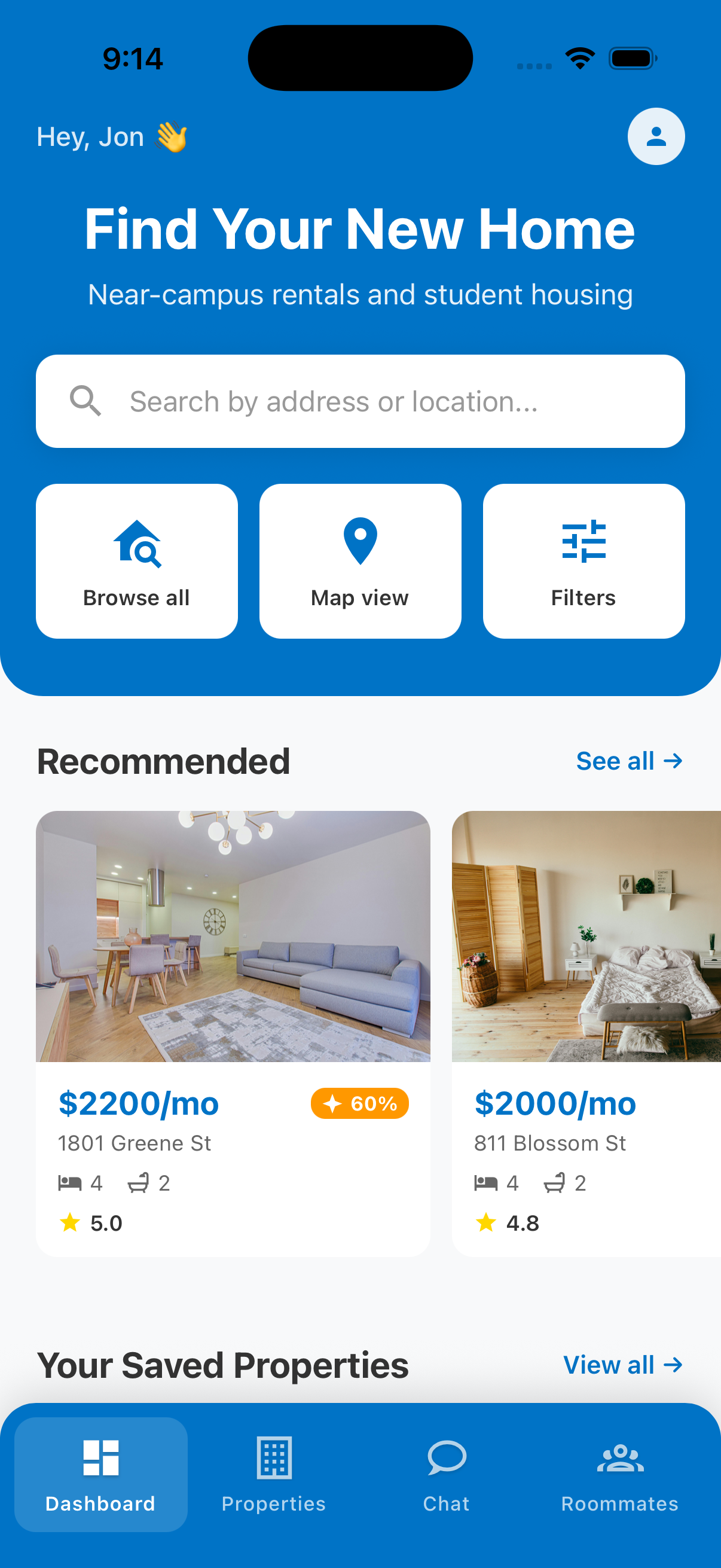 Rent Connect dashboard — Find Your New Home screen with recommended properties