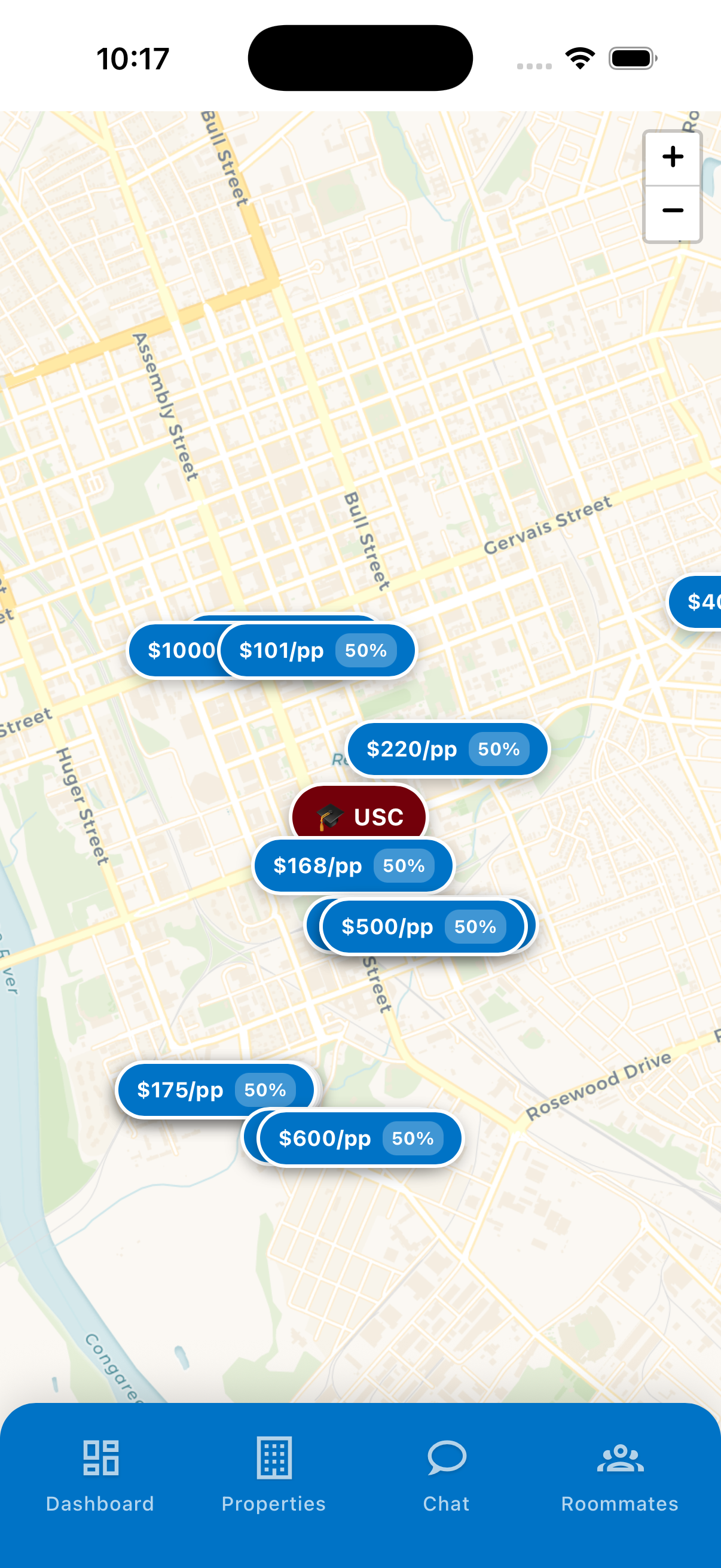 Rent Connect interactive map — live property map with price pins near USC