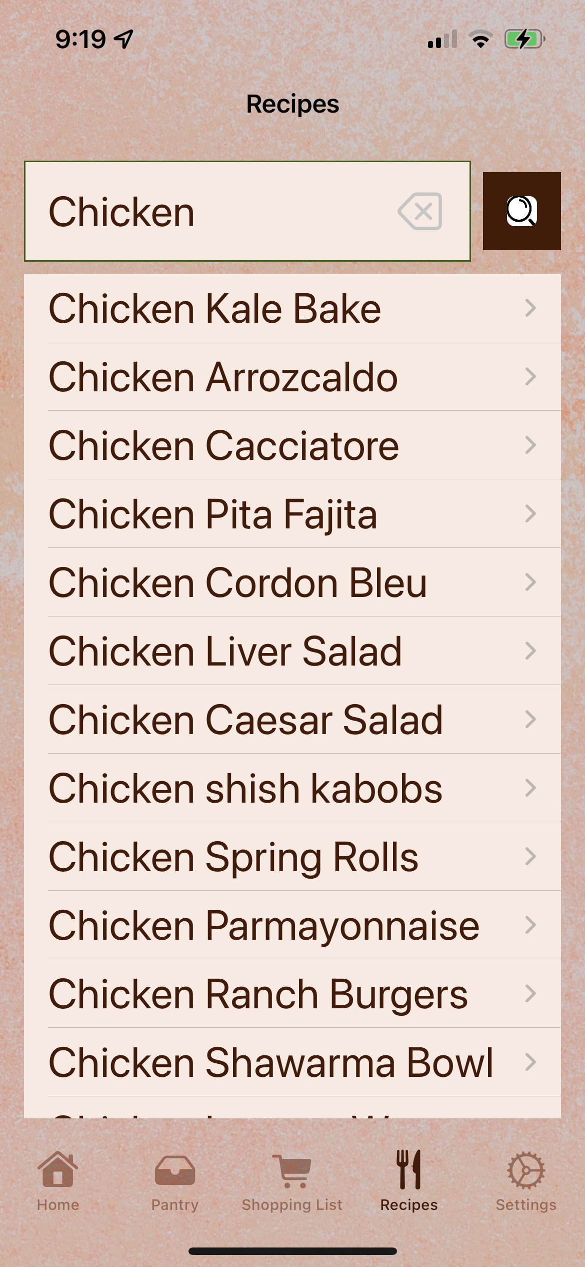 Recipes search screenshot