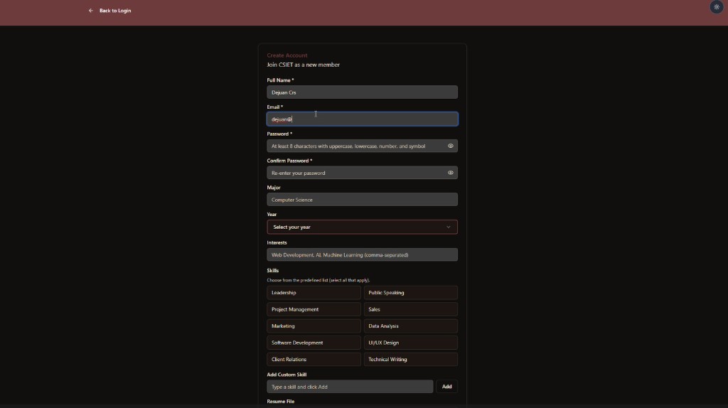 Create account form with skills and profile fields