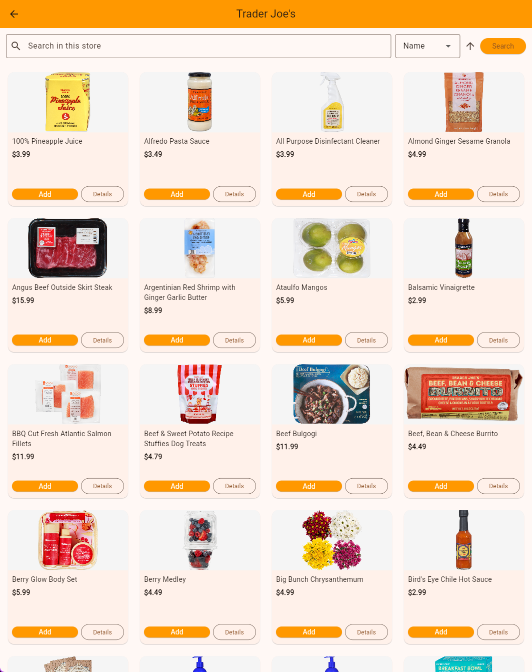 Screenshot of Cartly displaying the products at Trader Joe's