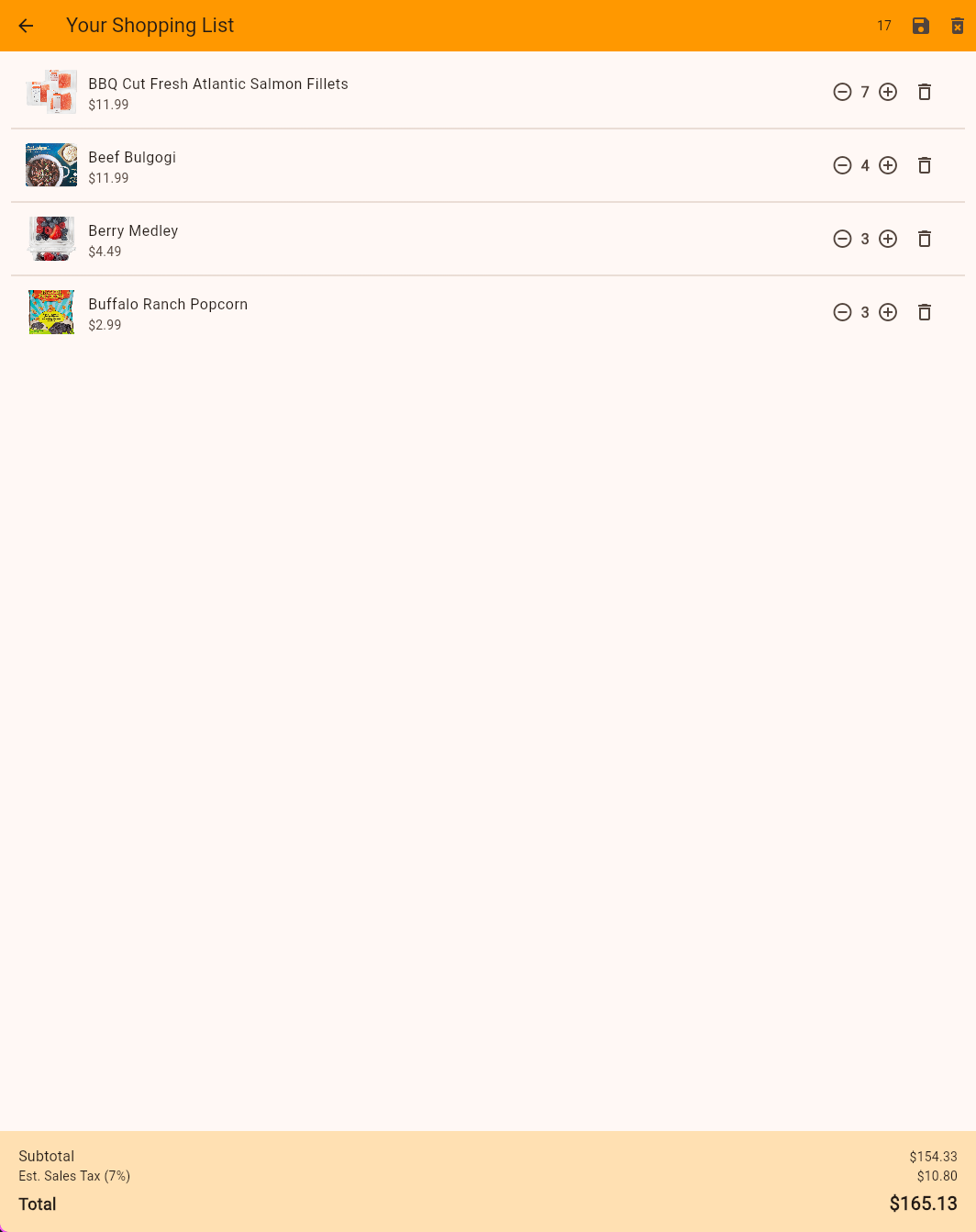 Screenshot of the shopping list page