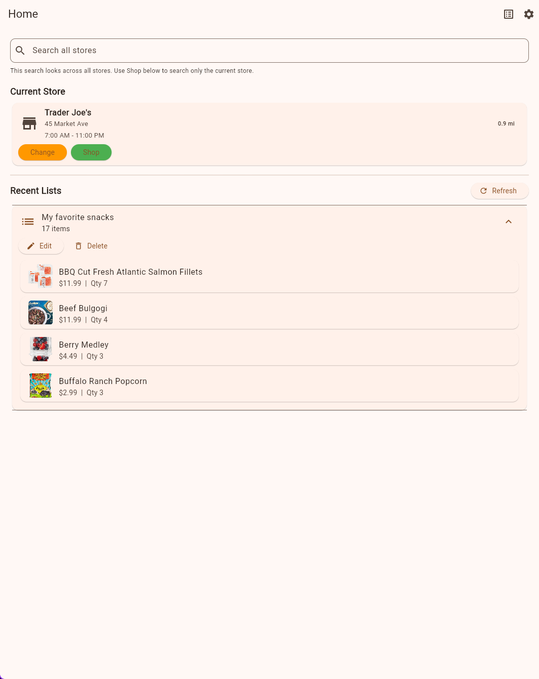 Screenshot of the home screen with a saved shopping list