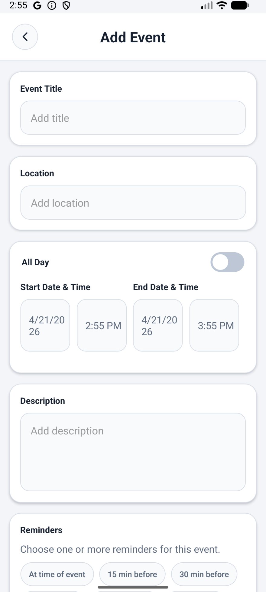 DayPlanner add event screen