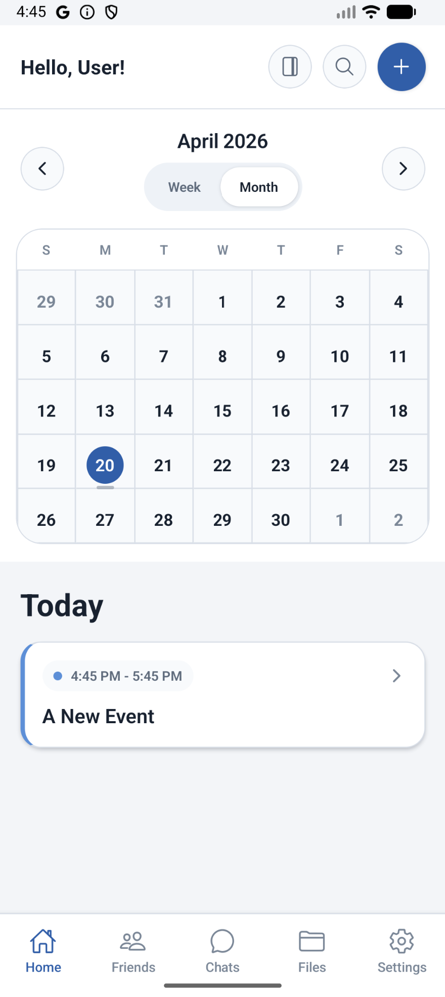 DayPlanner home screen showing today's events