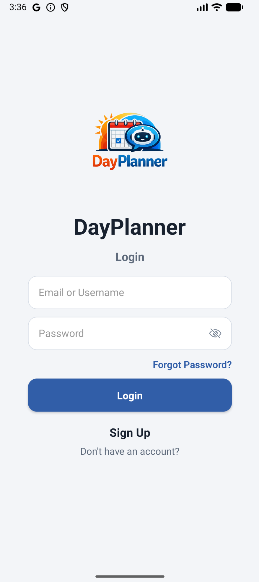 DayPlanner login screen