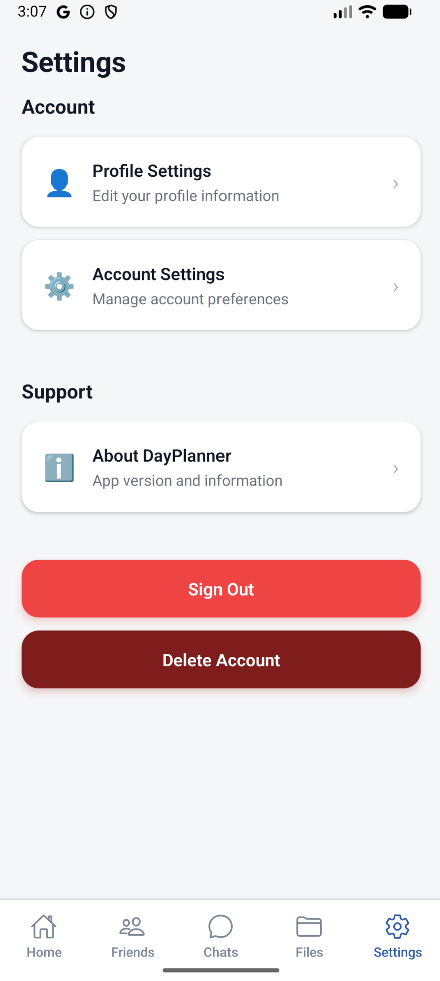 DayPlanner settings screen