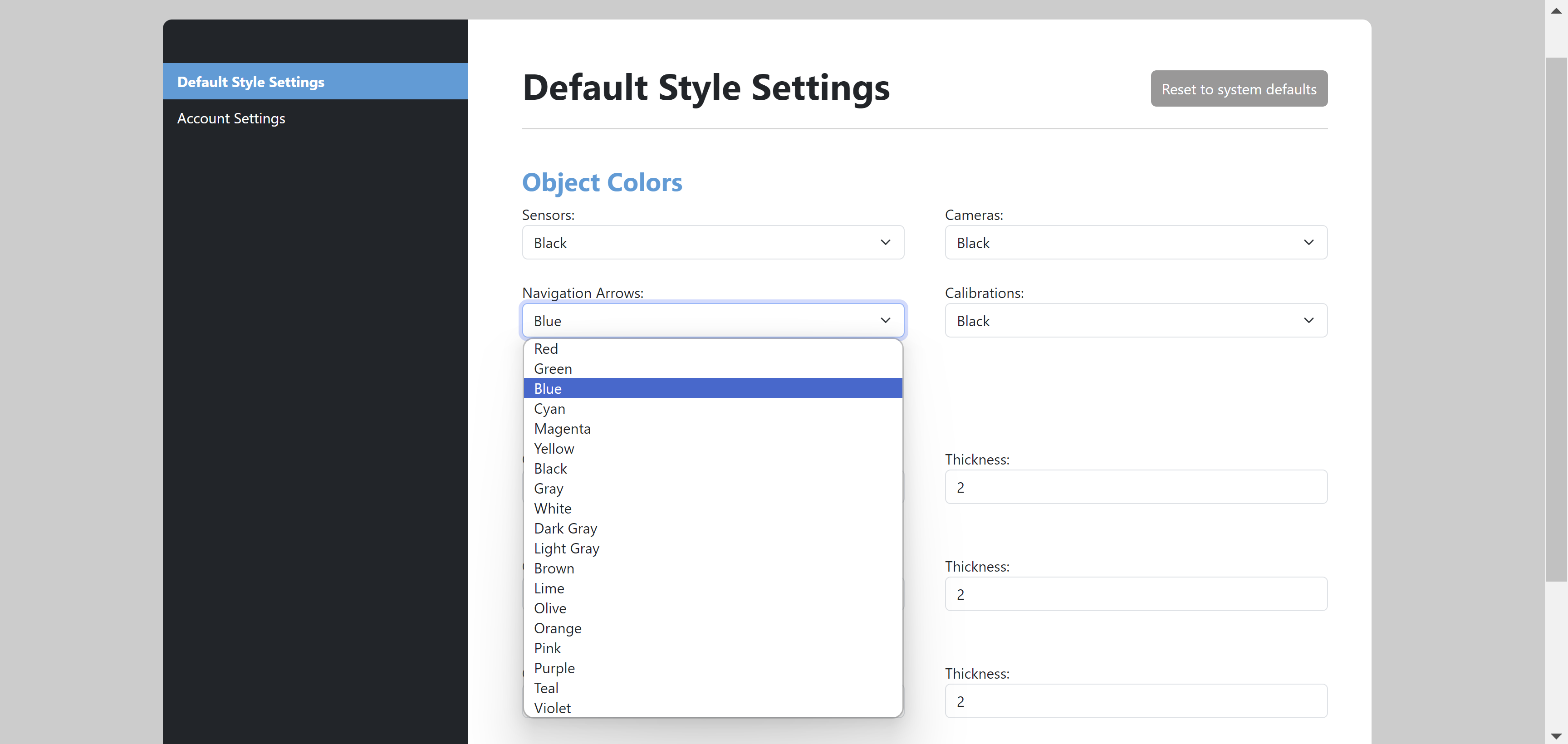 Full screenshot of default style settings page