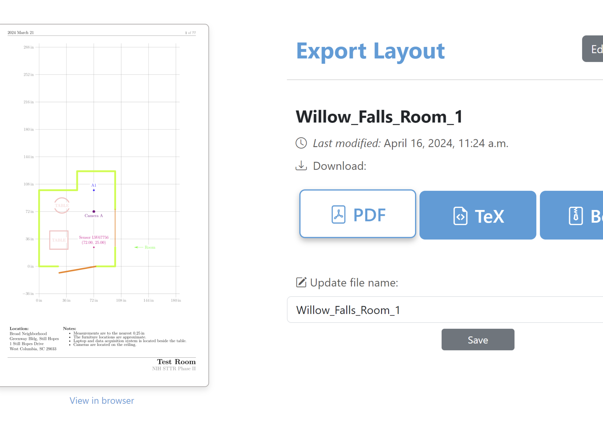 Screenshot of Export Layout page