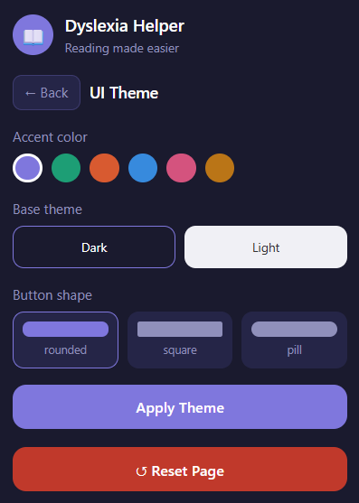 Dyslexia Helper interface theme customizer.