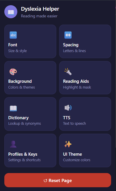 Dyslexia Helper home menu showing the main feature categories.