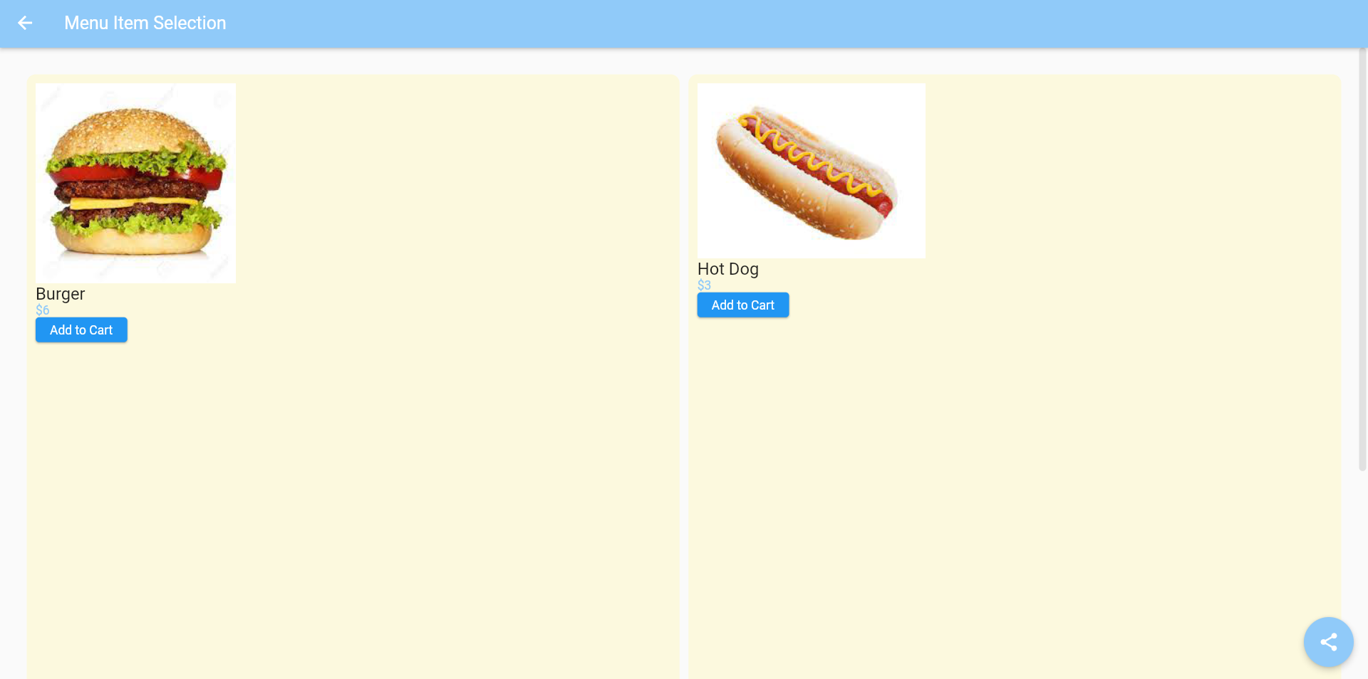 Screenshot 2: Menu with available foods 